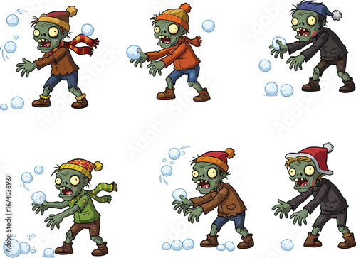 Cartoon zombie characters playing with snowballs, wearing winter hats, scarves, and jackets, showing playful and surprised expressions in snowy winter scene