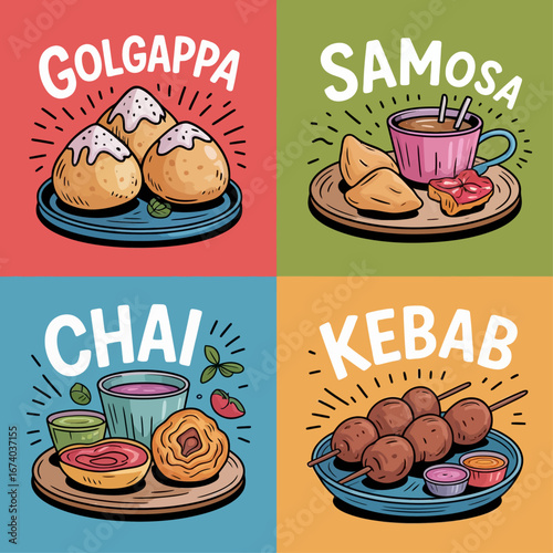 Taste of Tradition's logo with Asian street food, Illustration of traditional street food snacks and hot beverages,