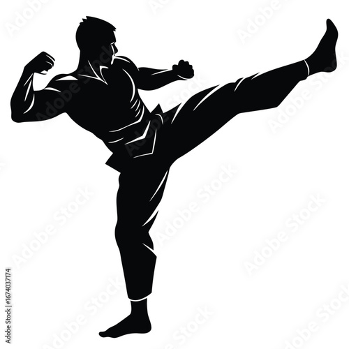 Black silhouette of a man performing a martial arts kick 1