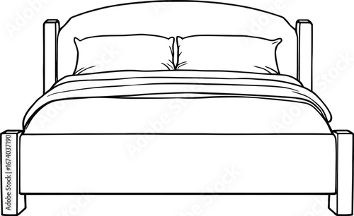 Black-and-white line art of modern double bed with pillows and blanket for furniture, interior design, and architectural layouts