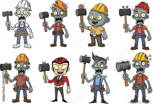 Cartoon zombie construction workers with sledgehammers, Halloween undead builders, funny horror characters in helmets, spooky construction site vector illustrations