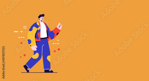 Stylish man in vibrant clothing walking confidently against an orange background, symbolizing progress and modern living. Ideal for business, lifestyle, or travel themes.