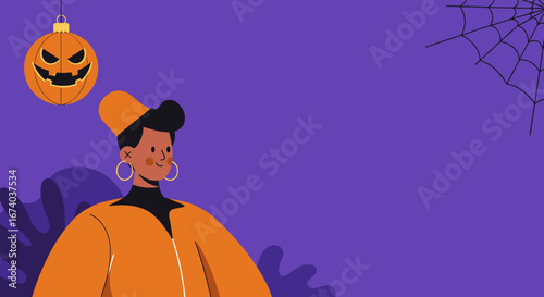 Smiling person in orange, celebrating Halloween with a festive Jack-o'-lantern and spiderweb on a purple background. Ideal for seasonal promotions and events.
