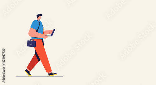 An illustration of a man walking, carrying a laptop and briefcase. Represents remote work, mobile business, and modern professional lifestyle.