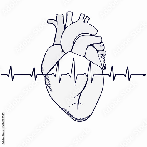 Anatomical Heart with E K G Line Illustration electrocardiogram