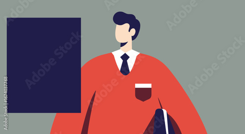 Professional man in red sweater and tie viewing a screen. Modern flat design illustration for business, education, technology, and communication concepts.