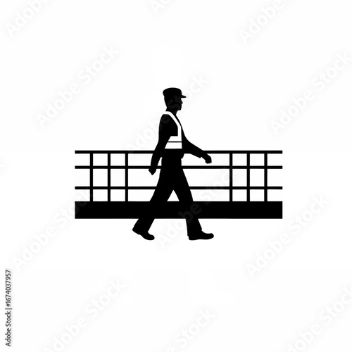 Worker silhouette leading night patrol on deck isolated on white background