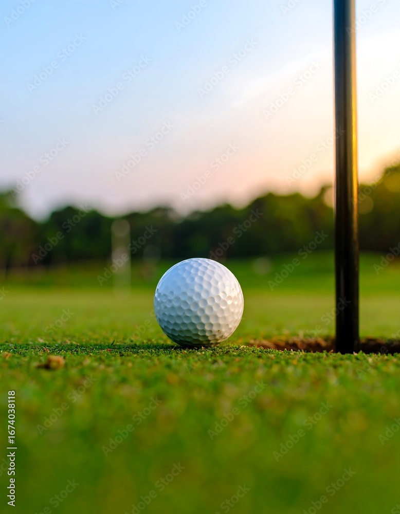 Obraz premium Golf ball near hole at sunset