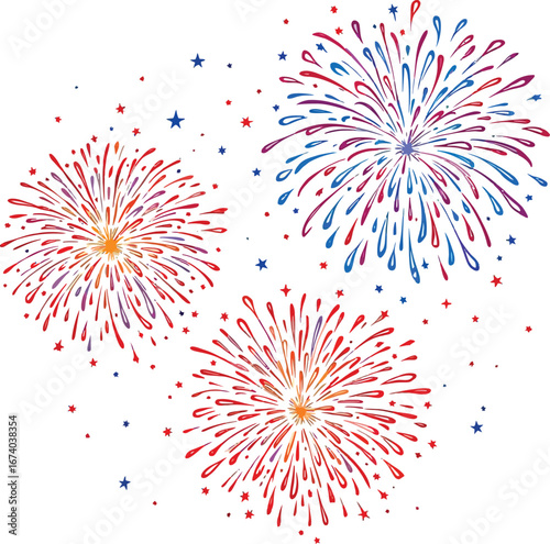Festive fireworks burst in red, orange, and blue with stars and sparks on white background for celebration and holiday themes