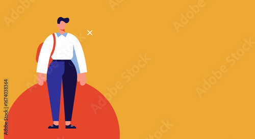 Stylized illustration of a young man with a backpack on a vibrant orange background, representing student life, learning, or a personal journey. Ideal for educational content.