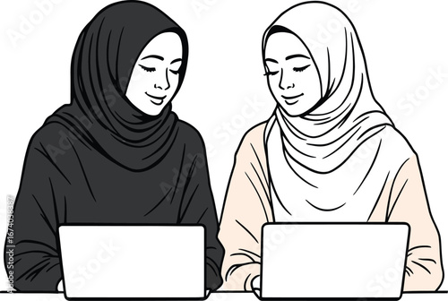 Black-and-white illustration of two hijabi women using laptops, symbolizing tech education, focus, and inclusive collaboration