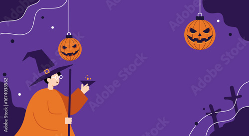 Whimsical witch or wizard preparing for Halloween with a glowing potion, staff, and festive Jack-o'-lanterns on a vibrant purple background. Ideal for holiday content.