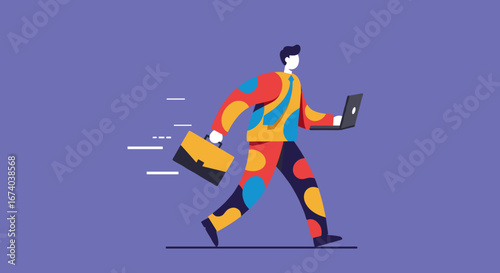 Dynamic illustration of a busy businessman rushing with a laptop and briefcase, symbolizing fast-paced work, efficiency, and productivity in a modern business environment.