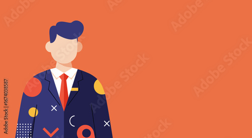 Modern flat illustration of a stylish businessman in a creative suit on an orange background with copy space, ideal for marketing.