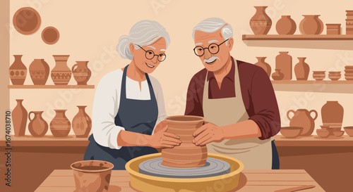 Elderly couple crafting pottery on a wheel in a workshop, showcasing love, creativity, and craftsmanship for lifestyle and art projects