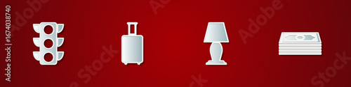 Set Traffic light, Travel suitcase, Table lamp and Stacks paper money cash icon. Vector