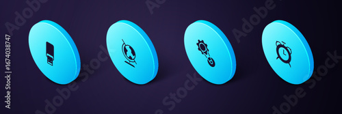 Set Isometric Alarm clock, Timing belt kit, Earth globe and USB flash drive icon. Vector