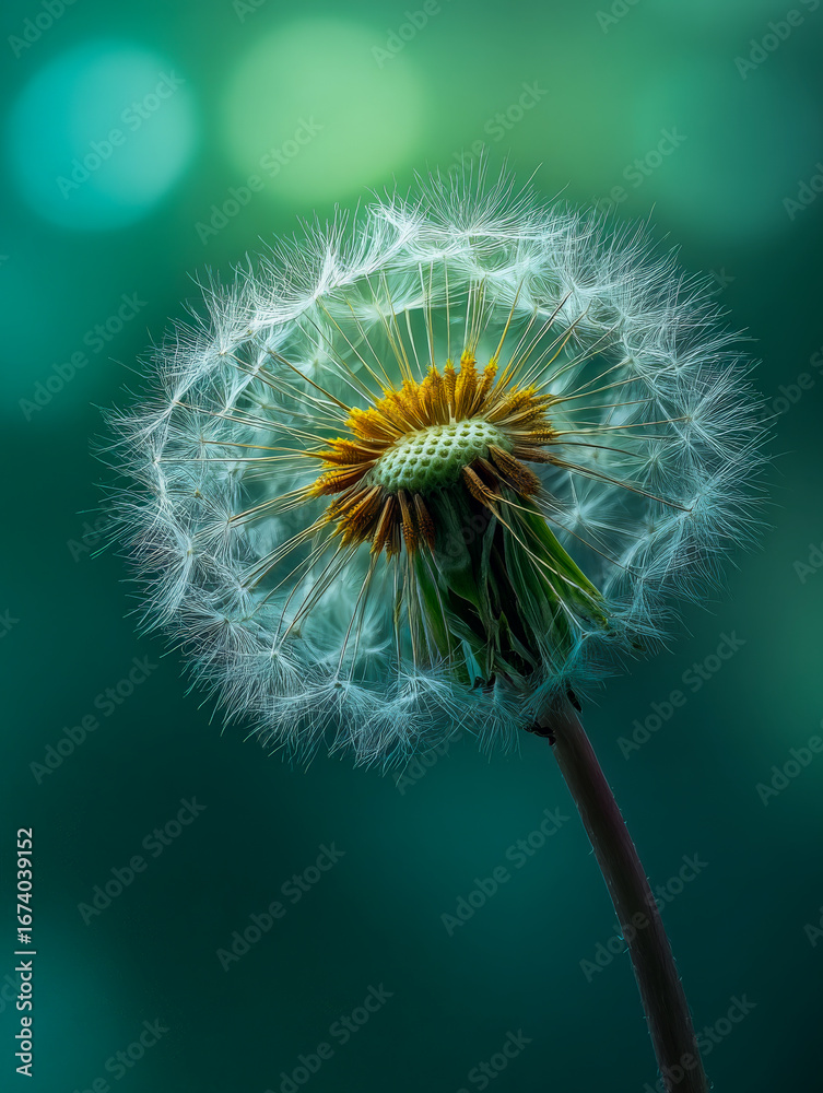 Fototapeta premium Close-up of dandelion seed head in nature macro photography green background soft focus botanical beauty