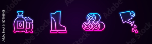 Set line Pack full of seeds of plant, Waterproof rubber boot, Roll hay and Watering can. Glowing neon icon. Vector