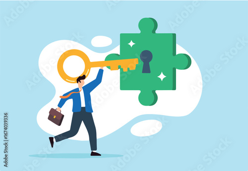 Flat illustration of businessman inserting key into jigsaw puzzle keyhole representing unlock potential solution for customer problems