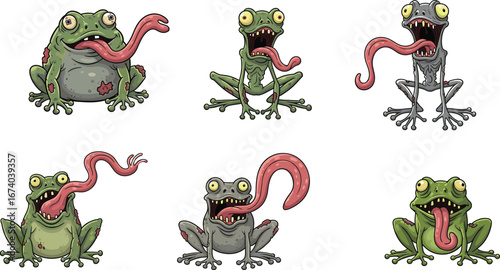 Cartoon zombie frog characters set, funny undead amphibians with long tongues and eerie expressions, quirky horror illustrations for games, stickers, and animations.
