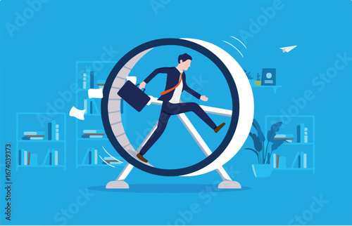 Businessman in hamster wheel - Man working hard in meaningless job, feeling useless, stressed and having no progress. Stuck in rut concept. Vector illustration.