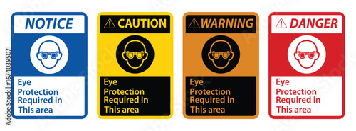 Eye protection required in this area sign.On White Background . Eye protection required sign, logo, badge, icon, sticker, label, emblem, stamp, symbol, black, line, flat vector, isolated illustration.