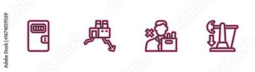Set line Prison cell door, Employee dismissal, Shutdown of factory and Drop in crude oil price icon. Vector