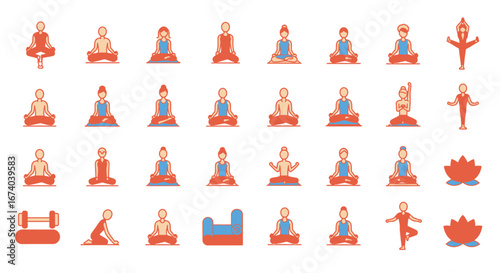 Collection of yoga icons in flat vector style featuring meditation poses, lotus flower symbols, yoga mats, and fitness illustrations. Perfect for use in mobile apps, websites, infographics, wellness p