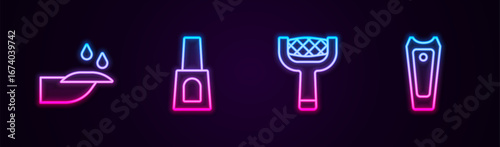 Set line Nail manicure, Bottle of nail polish, file and cutter. Glowing neon icon. Vector