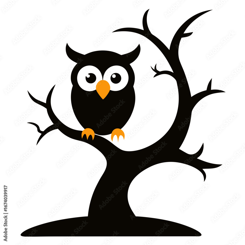 Fototapeta premium Cute black owl perched on a spooky tree branch