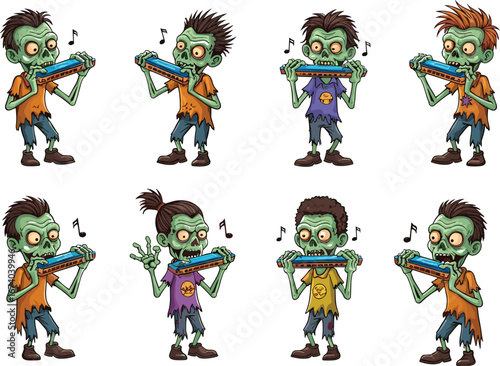 Cartoon zombie harmonica players vector set, spooky undead musicians illustration, funny Halloween music monsters, horror character clipart, creepy musical zombie group