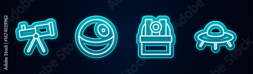 Set line Telescope, Planet, Astronomical observatory and UFO flying spaceship. Glowing neon icon. Vector