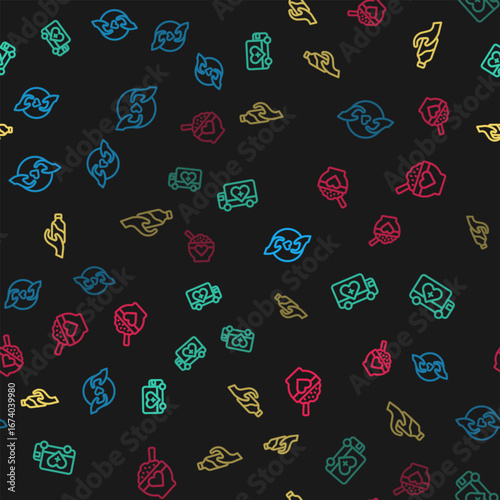 Set line Pleasant relationship, Humanitarian truck, Donation water and food on seamless pattern. Vector