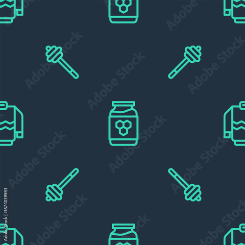 Set line Jar of honey, Honey dipper stick and Sweater on seamless pattern. Vector