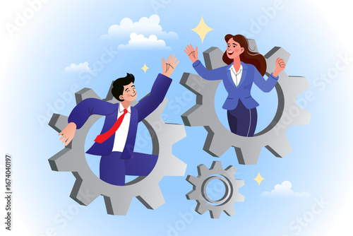 Business process optimization and collaboration concept. Colleagues work in synergy on a gear mechanism, representing a successful strategy and corporate development.
