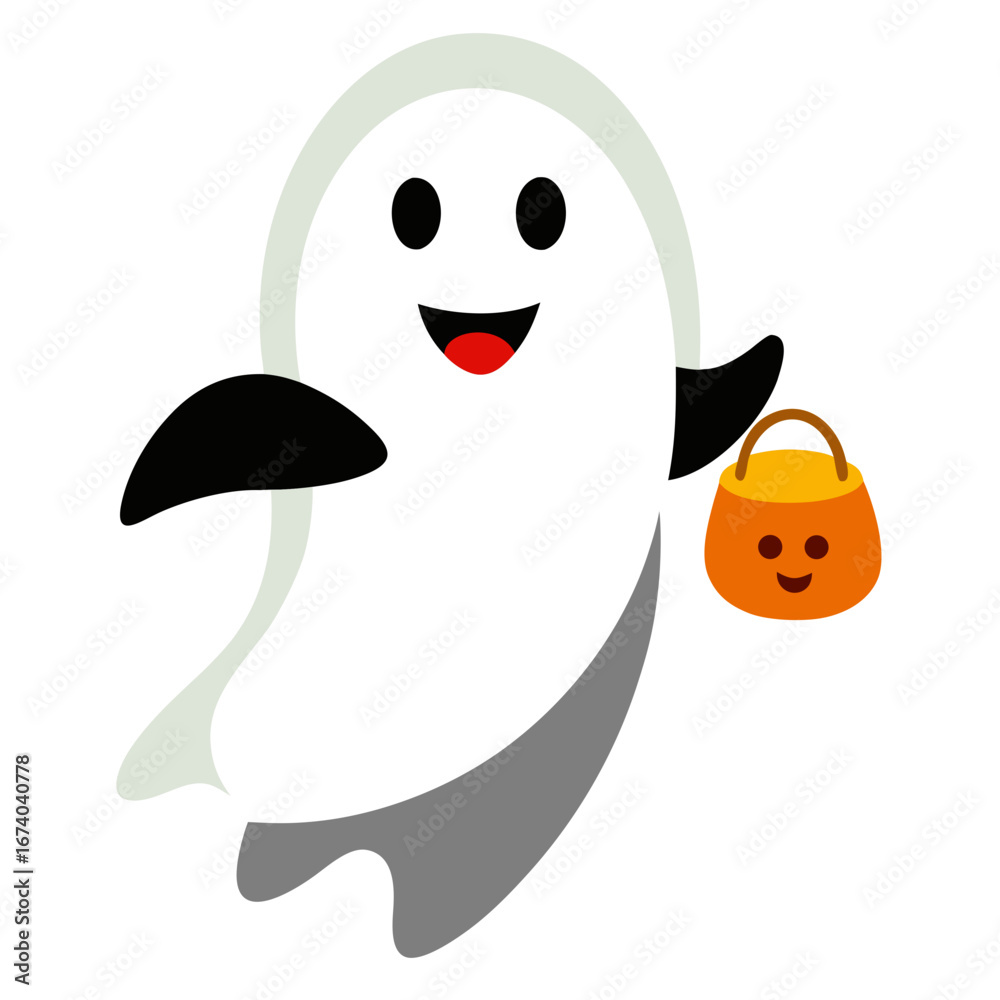 Obraz premium Happy cartoon ghost holding a halloween candy bucket