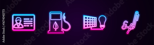 Set line Identification badge, Bio fuel with fueling nozzle, Solar energy panel and light bulb and Signature. Glowing neon icon. Vector