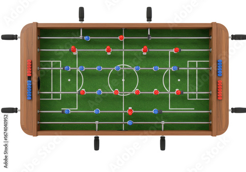 Isolated foosball table top view, soccer game, table football, competition and recreation game