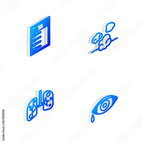 Set Isometric line Dust, Clinical record, Lungs and Reddish eye allergic conjunctivitis icon. Vector