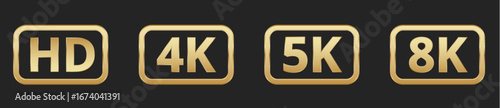 Gold hd 4k 5k 8k resolution icons on black background.