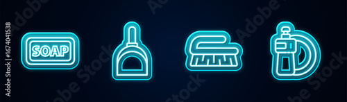 Set line Bar of soap, Dustpan, Brush for cleaning and Dishwashing liquid bottle and plate. Glowing neon icon. Vector
