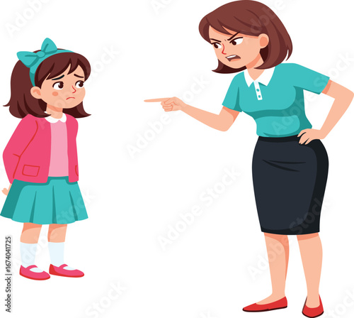 Mother scolding young daughter with stern expression, pointing finger, emotional parenting moment, cartoon vector illustration for education, discipline and family guidance themes