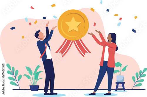 Businesspeople achievement - Two successful people winning award medal and trophy for great work and performance in corporate company. business accomplishment and success concept in flat design vector