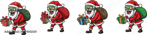 Cartoon zombie Santa Clauses holding colorful gift boxes with red, green, and brown sacks, wearing traditional Santa outfits with white beards and hatsCartoon zombie Santa Clauses holding colorful gif