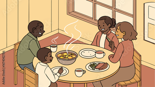 Warm Family Dinner Scene: Parents and Children Enjoying a Home-Cooked Meal Together, Cozy Mealtime Illustration