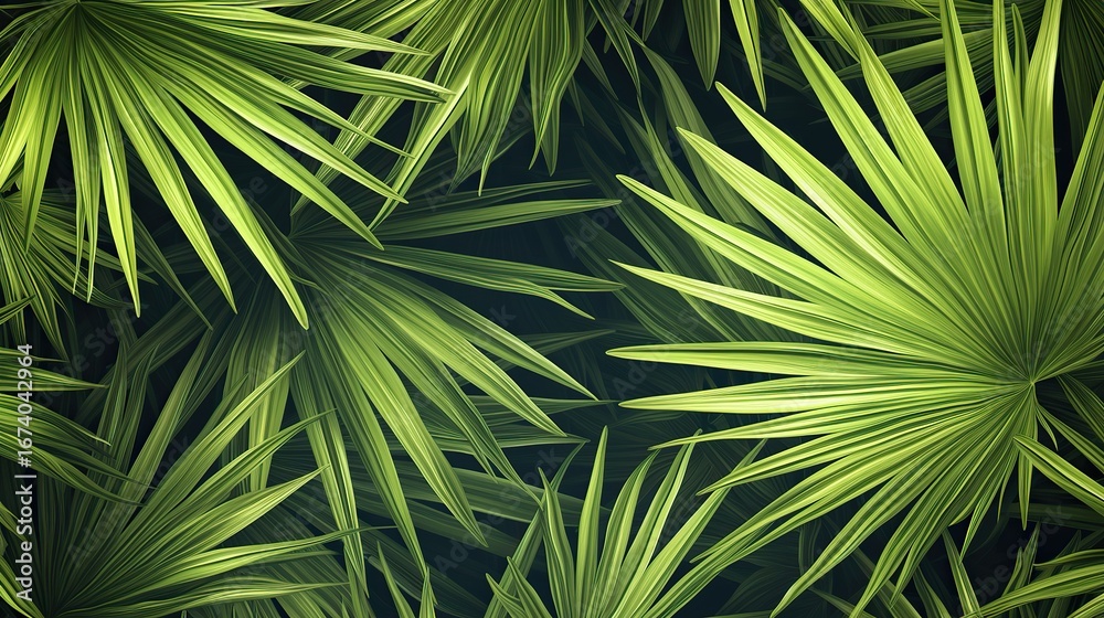 Fototapeta premium A close-up of vibrant green palm leaves, symbolizing growth and vitality, with vibrant colors and soft focus creating an atmosphere that evokes the fresh essence of nature's beauty.