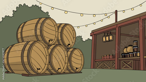 Rustic Festival Scene: Stacked Barrels, Beverage Booth, and String Lights Vector Illustration