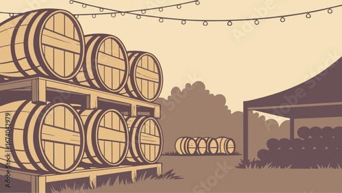 Rustic Outdoor Wine Barrels at a Festival or Market. Vintage-style illustration with stacked oak casks, string lights, and a tent, symbolizing harv...