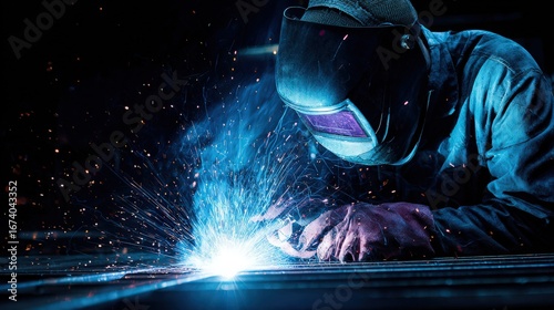 welder working on metal part in fabrication shop
